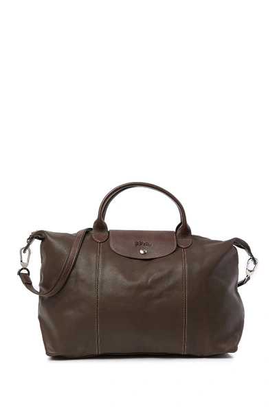 Shop Longchamp Leather Top Handle Convertible Satchel In Taupe