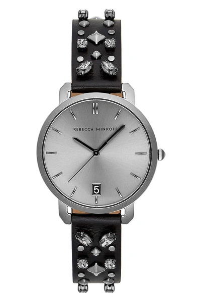 Shop Rebecca Minkoff Women's Billie Studded Leather Strap Watch, 34mm In Black / Grey