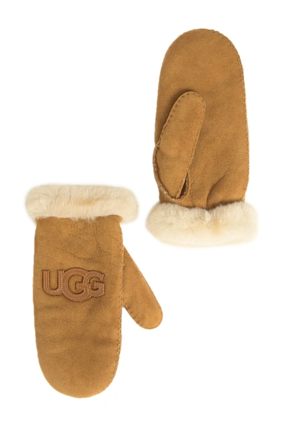 Shop Ugg Genuine Sheepskin & Suede Logo Mittens In Chestnut