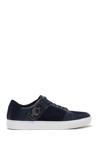 Shop Versace Suede & Leather Sneaker In Blue/canna Di Fucile