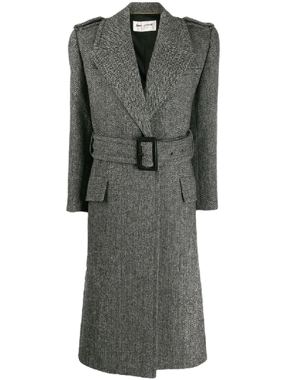 Shop Saint Laurent Oversized Belted Herringbone Coat In Grey