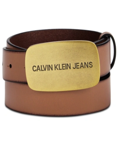 Shop Calvin Klein Logo Buckle Leather Belt In Tan/gold