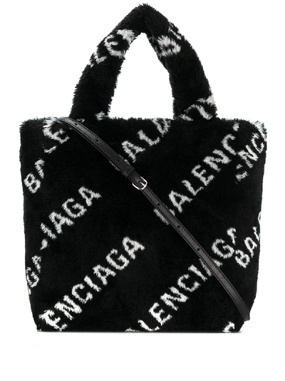 Shop Balenciaga Everyday Xs Fake Fur Shopping Tote In Black