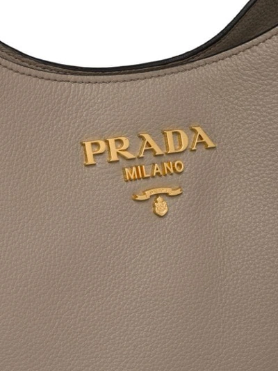 Shop Prada Front Logo Hobo Bag In Grey