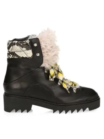 Shop Aquazzura Women's Sierra Lamb Fur-trim Snakeskin & Leather Hiking Boots In Black Multi
