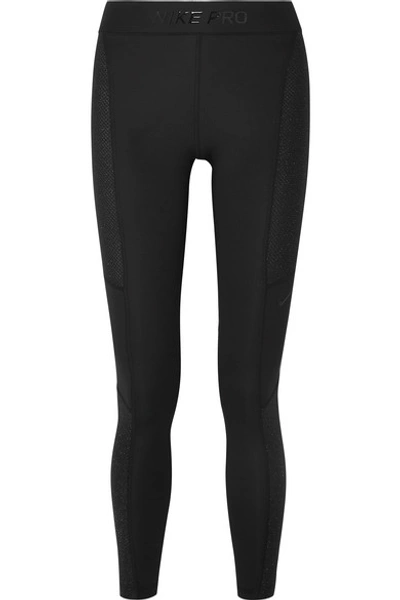 Shop Nike Pro Warm Hollywood Glittered Mesh-paneled Stretch Leggings In Black