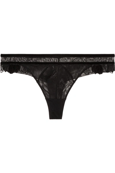 Shop Maison Lejaby Dahlia Stretch-tulle, Lace And Velvet Thong In Black
