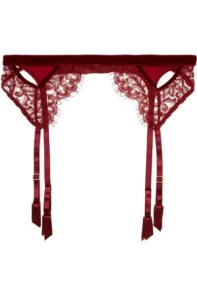 Shop Coco De Mer Eugenia Cutout Lace And Velvet Suspender Belt In Claret