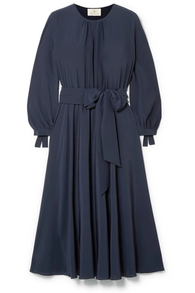 Shop Aross Girl X Soler Amanda Belted Gathered Silk Crepe Midi Dress In Navy