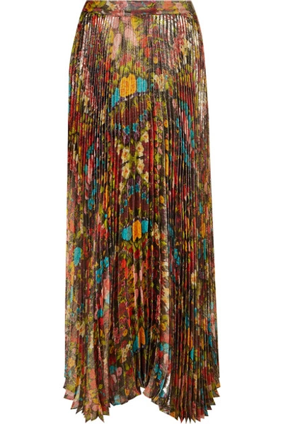 Shop Alice And Olivia Katz Pleated Floral-print Metallic Silk-blend Maxi Skirt