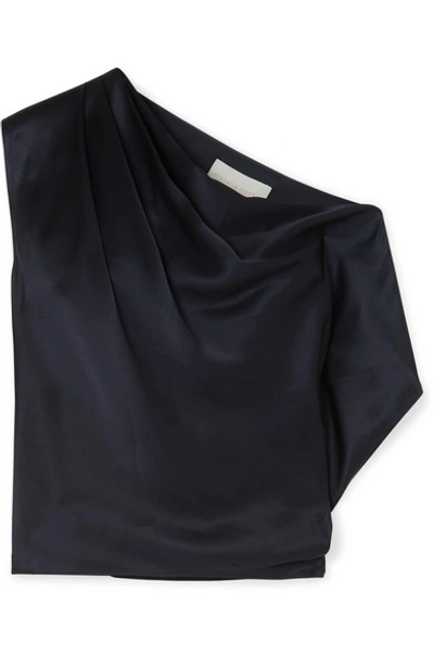 Shop Michelle Mason One-shoulder Draped Silk-charmeuse Top In Midnight Blue