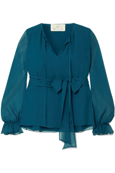 Shop Aross Girl X Soler Amanda Belted Silk And Silk-chiffon Blouse In Blue