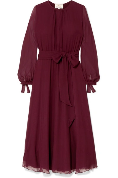 Shop Aross Girl X Soler Amanda Belted Silk-georgette Midi Dress In Burgundy