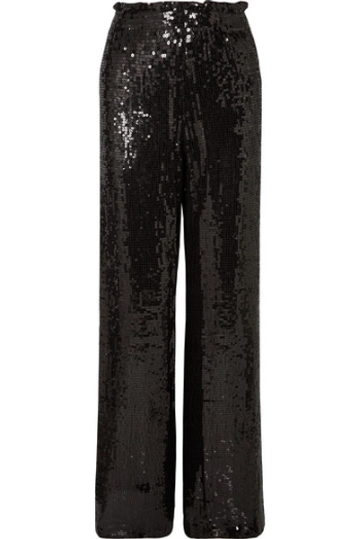 Shop Alice And Olivia Elba Sequined Crepe Wide-leg Pants In Black