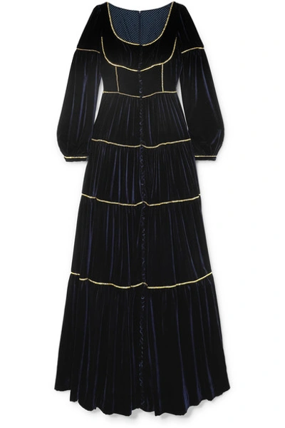 Shop Costarellos Tiered Crystal-embellished Velvet Gown In Midnight Blue