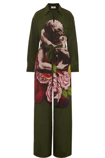 Shop Valentino Printed Silk-georgette Jumpsuit In Army Green