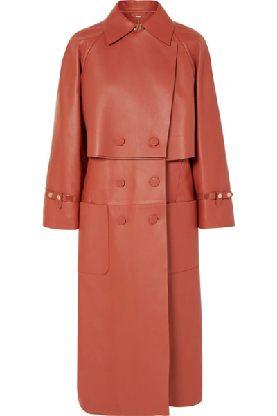 Shop Fendi Double-breasted Leather Trench Coat In Orange