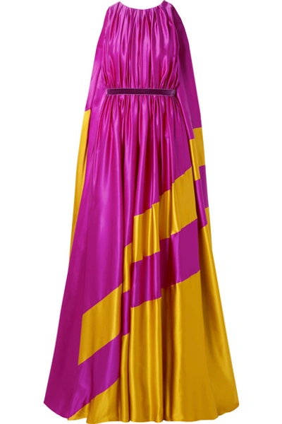 Shop Roksanda Maluka Velvet-trimmed Draped Two-tone Silk-satin Gown In Magenta