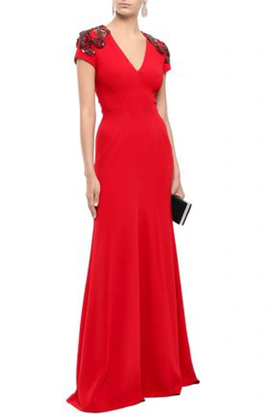 Shop Jenny Packham Embellished Stretch-crepe Gown In Red