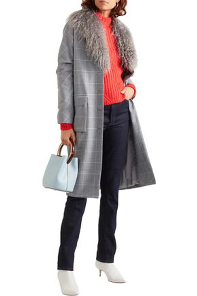Shop Lela Rose Woman Shearling-trimmed Checked Jacquard Coat Gray