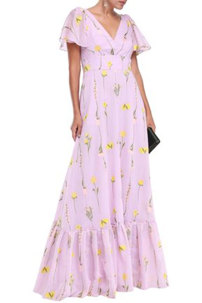 Shop Lela Rose Woman Cape-effect Striped Cotton-blend Floral-jacquard Gown Lilac