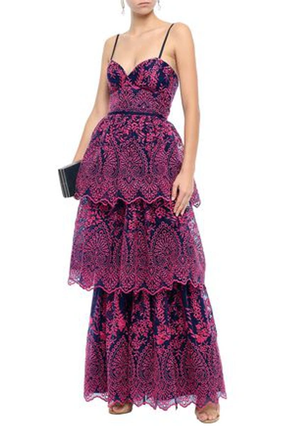 Shop Marchesa Notte Woman Tiered Broderie Anglaise Organza Gown Navy