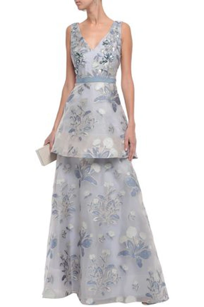 Shop Marchesa Notte Tiered Embellished Metallic Fil Coupé Gown In Sky Blue