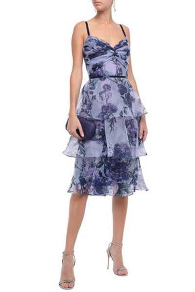 Shop Marchesa Notte Tiered Twist-front Floral-print Organza Dress In Lavender