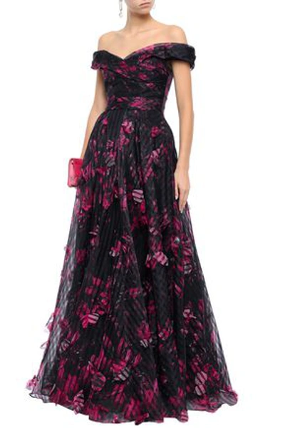 Shop Marchesa Notte Off-the-shoulder Appliquéd Floral-print Organza Gown In Black