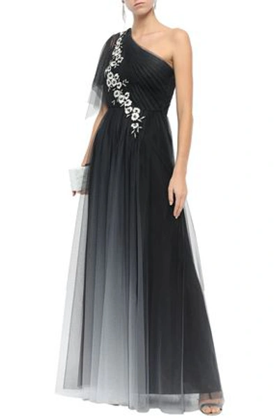 Shop Marchesa Notte One-shoulder Embellished Embroidered Tulle Gown In Black