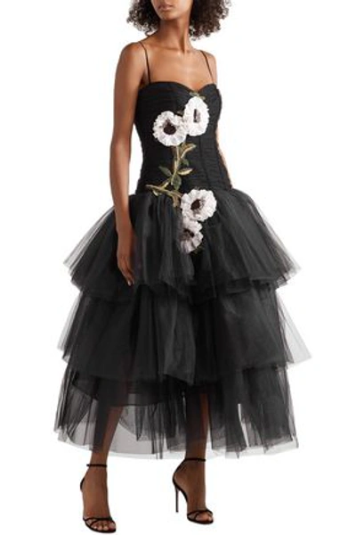 Shop Marchesa Woman Tiered Floral-appliquéd Tulle Gown Black