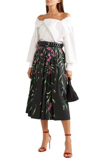 Shop Carolina Herrera Pleated Floral-print Cotton-blend Faille Midi Skirt In Black