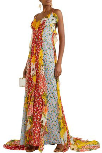 Shop Carolina Herrera Patchwork-effect Draped Printed Fil Coupé Chiffon Gown In Red