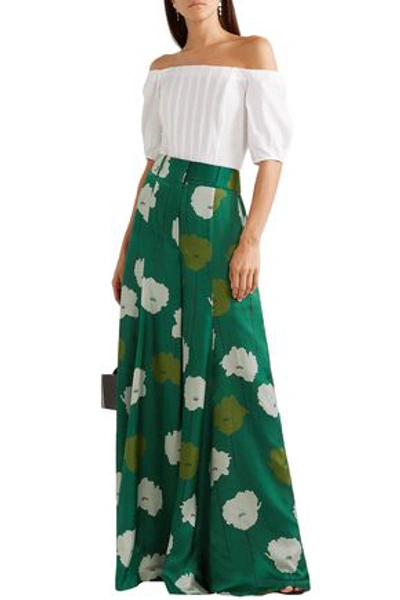 Shop Carolina Herrera Woman Floral-print Satin Wide-leg Pants Emerald