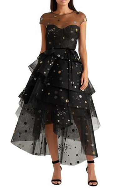 Shop Monique Lhuillier Woman Asymmetric Tiered Glittered Tulle Gown Black