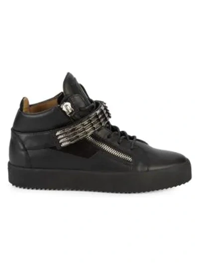Shop Giuseppe Zanotti Grip-tape Strap Leather Mid-top Sneakers In Black