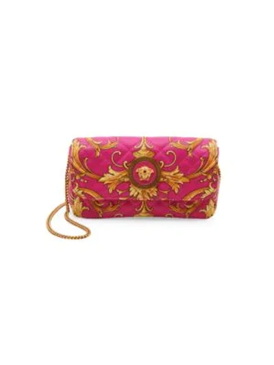 Shop Versace Micro Icon Western Signature-print Leather Clutch In Hot Pink