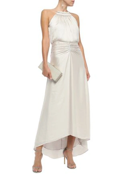 Shop Halston Heritage Ruched Satin Halterneck Gown In Off-white