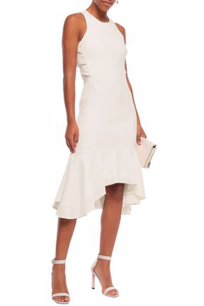 Shop Halston Heritage Fluted Twisted Mesh-trimmed Stretch-crepe Midi Dress In Ivory