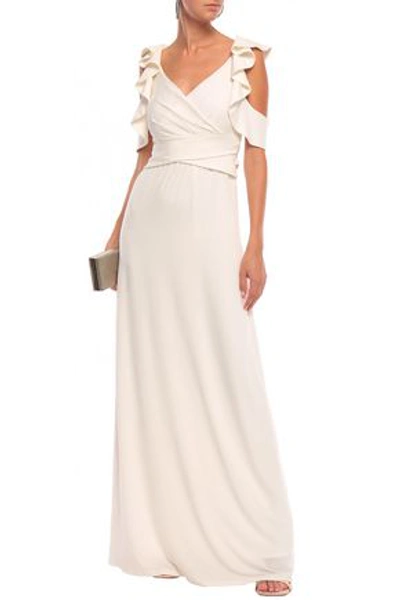 Shop Halston Heritage Cold-shoulder Wrap-effect Ruffle-trimmed Crepe-jersey Gown In Ivory
