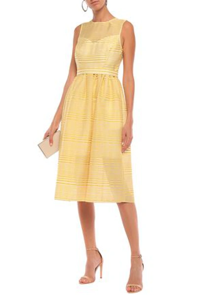 Shop Halston Heritage Halston Woman Gathered Striped Organza-jacquard Midi Dress Yellow