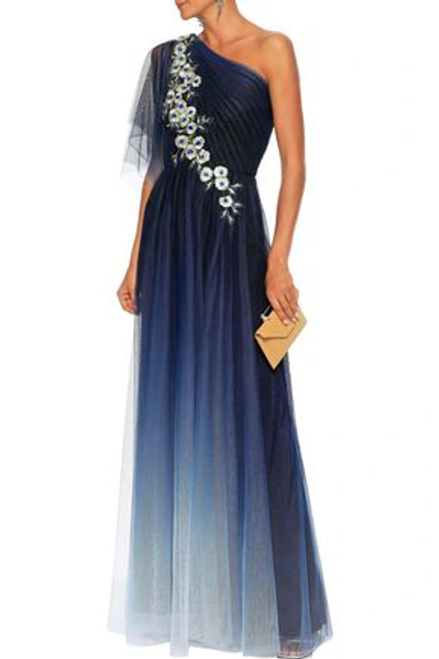 Shop Marchesa Notte Woman One-shoulder Embellished Embroidered Tulle Gown Navy
