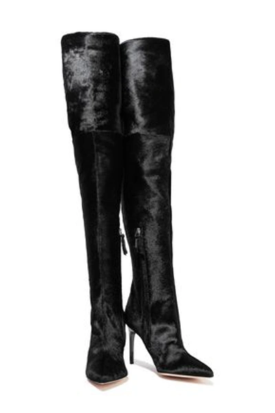 Shop Oscar De La Renta Woman Frederikke Lace-up Calf-hair Thigh Boots Black