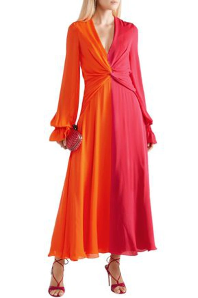 Shop Carolina Herrera Two-tone Gathered Silk-georgette Maxi Dress In Bright Orange