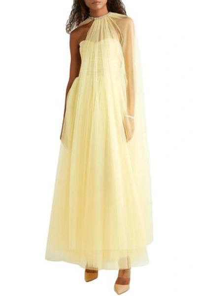 Shop Monique Lhuillier Crystal-embellished Tulle Cape In Pastel Yellow