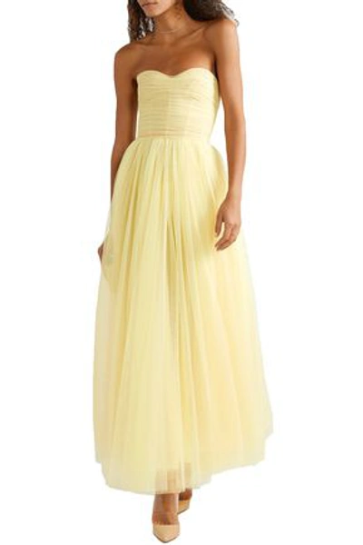 Shop Monique Lhuillier Strapless Ruched Tulle Gown In Pastel Yellow