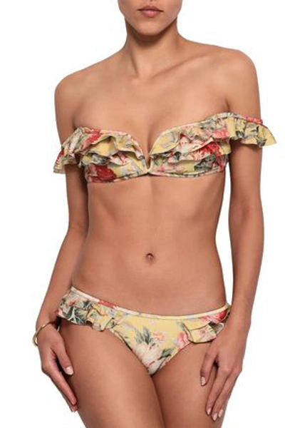 Shop Zimmermann Off-the-shoulder Ruffled Floral-print Bikini In Sage Green