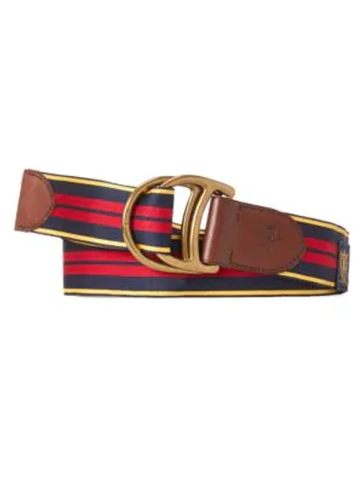 Shop Polo Ralph Lauren D-ring Striped & Leather Belt In Navy Blue Red