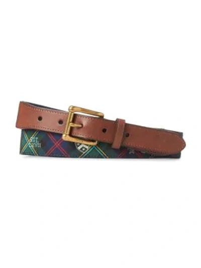 Shop Polo Ralph Lauren Web Motif Tab Front Leather-blend Belt In Green Navy Tartan