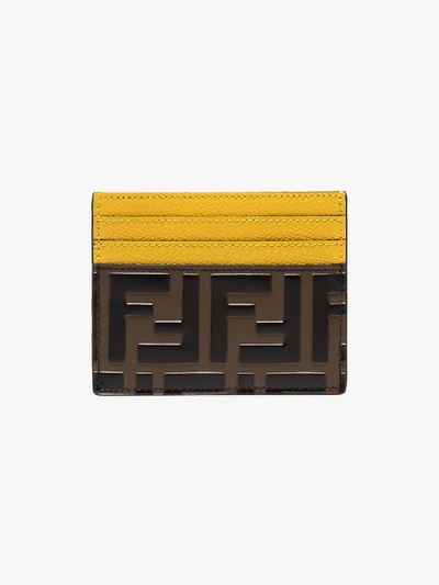 Shop Fendi Brown And Yellow Ff Logo Leather Card Holder